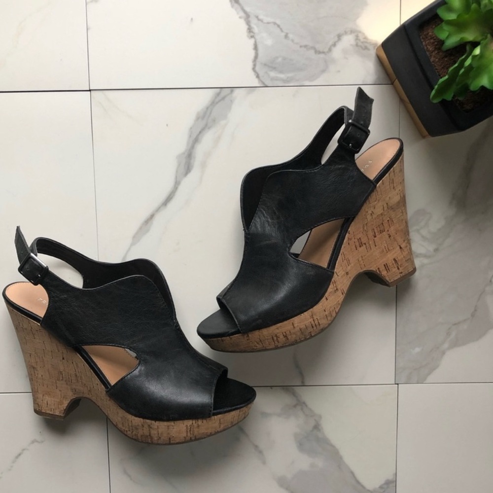 Franco Sarto women’s size 10 Black & CORK Wedge Sandal GENUINE LEATHER Italian